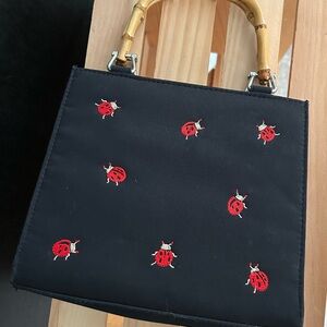 Vintage Black Red Ladybug Embroidered Handbag Bamboo Metal Horseshoe Handles
